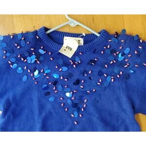 NEW w/TAG 80-90s E.M.T. Silk Angora Rabbit Sweater Sequins Beads ROYAL BLUE